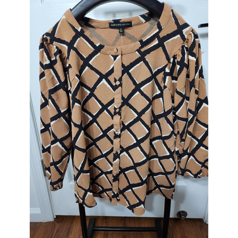 Adrienne Vittadini Tan Geometric Grid Button Front Blouse VW34616 NWT Medium